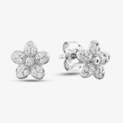 Silver Cubic Zirconia Textured Flower Stud Earrings E610851