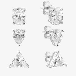 Silver Cubic Zirconia Oval Pear Traingle Set Of Three Stud Earrings OJS0037