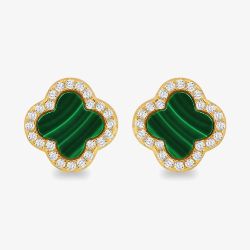 LUXE Silver Gold Plated Malachite & Cubic Zirconia Clover Stud Earrings 8.59.1902