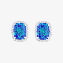 Sterling Silver Rectangular Synthetic Blue Opal & Brilliant Cut Cubic Zirconia Halo Stud Earrings 8.58.0017