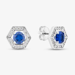 Sterling Silver Rhodium Plated Blue Cubic Zirconia Hexagon Stud Earrings 8.57.0018