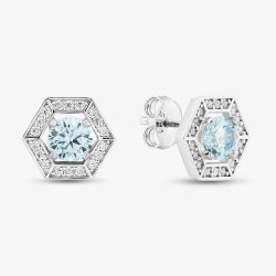 Sterling Silver Rhodium Plated Light Blue Cubic Zirconia Hexagon Stud Earrings 8.57.0019