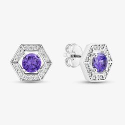 Sterling Silver Rhodium Plated Purple Cubic Zirconia Hexagon Stud Earrings 8.57.0020