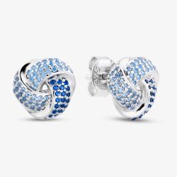Sterling Silver Rhodium Plated Blue Cubic Zirconia Pave Knot Stud Earrings 8.57.0030