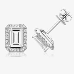 Sterling Silver Emerald Cut Cubic Zirconia Halo Stud Earrings SEG0027CZ