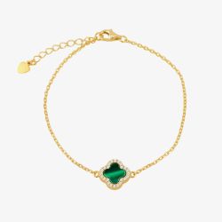 LUXE Silver Gold Plated Malachite & Cubic Zirconia Clover Bracelet 8.23.7953