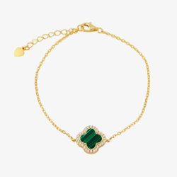 LUXE Silver Gold Plated Malachite & Cubic Zirconia Large Clover Bracelet 8.23.7963