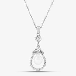 Silver Freshwater Pearl and Cubic Zirconia Teardrop Pendant PNW70093FW