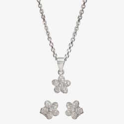 Silver Cubic Zirconia Textured Flower Pendant and Earring Set E610851+E610851-P