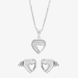 Silver Pave Cut-Out Heart Pendant and Earring Set E612067+E612067-P