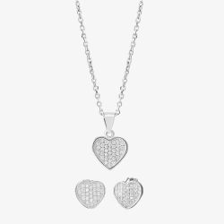 Silver Pave Heart Pendant and Studs Set E611718+P611854