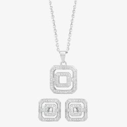 Silver Pave Open Square Pendant and Earring Set E611954+P612150