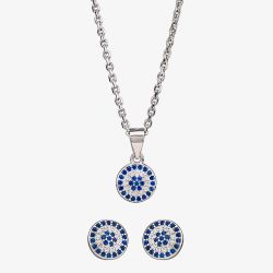 Silver Blue and White Cubic Zirconia Round Pendant and Earring Set SET9729