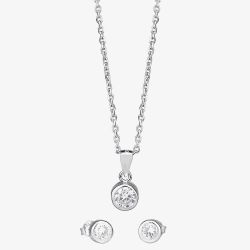 Silver Cubic Zirconia Bezel-set Pendant and Earring Set SET11215
