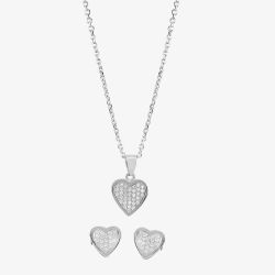 Silver Pavé Heart Pendant and Earring Set SET7305