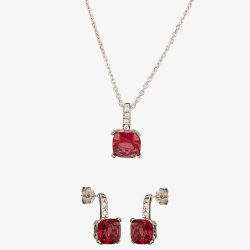 Silver Red Cubic Zirconia Cushion-cut Pendant and Dropper Earring Set SET0470