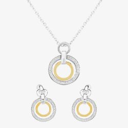 Two Tone Cubic Zirconia Double Open Circle Pendant and Earring Set SET12423