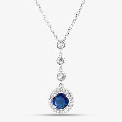 Starbright Sterling Silver Blue Cubic Zirconia Halo Cluster Pendant Necklace THB-05p SAP