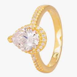 Starbright Gold Pear-Cut Cubic Zirconia Halo Shouldered Ring R6163 3A GP