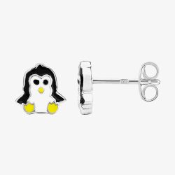 Fleur Kids Sterling Silver White And Black Enamel Penguin Stud Earrings AZE212704