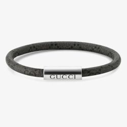 Gucci Trademark Silver & Black Leather Bracelet YBA79715600201