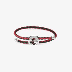 Gucci Web Silver & Braided Red & Green Leather Bracelet YBA87434300100U