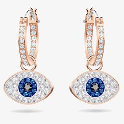 Swarovski Duo Rose Gold Tone Blue Evil Eye Hoop Earrings 5425857