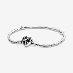 PANDORA Silver Family Tree Heart Clasp Snake Chain Bracelet 598827C01