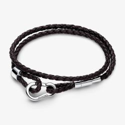PANDORA Moments Brown Braided Double Leather Bracelet 593338C01