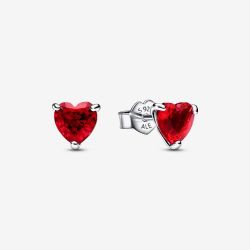 PANDORA Silver Red Crystal Heart Stud Earrings 292549C01