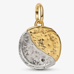 PANDORA 14ct Yellow Gold Plated & Sterling Silver Sun & Moon Medallion Dangle Charm 763977C01