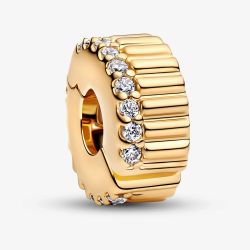 PANDORA 14ct Yellow Gold Plated Cubic Zirconia Ribbed Clip Charm 764078C01