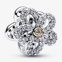 PANDORA Silver 14ct Gold Plated Pavé Flower Openwork Charm 764480C01