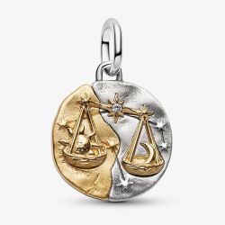PANDORA 14ct Yellow Gold Plated Sterling Silver Crystal Libra Zodiac Medallion Charm 764983C01