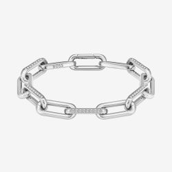 BOSS Halia Silver Tone Crystal Paper Link Chain Bracelet 1580599