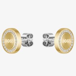 BOSS Iona Gold Tone Crystal Round Logo Stud Earrings 1580557