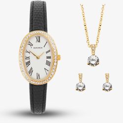 Sekonda Ladies Classic Bellamy Oval Dial Black Leather Strap Watch Earrings + Necklace Gift Set 49079