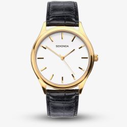 Sekonda Classic Gold Tone Black Leather Strap Watch 1535