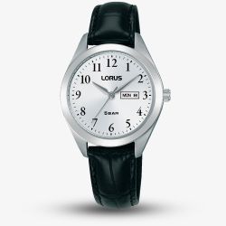 Lorus Ladies White Dial Day Date Black Leather Strap Watch RN807AX9