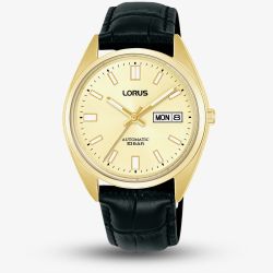 Lorus Mens Champagne Dial Day Date Black Leather Strap Watch RL436CX9