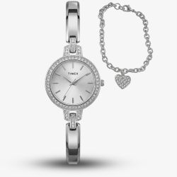 Timex Ladies Aveline Silver Tone Crystal Watch & Heart Bracelet Gift Set TWG067700