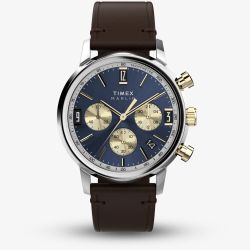 Timex Mens Marlin Blue Two Tone Brown Leather Watch TW2W60400