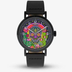 Timex Mens Weekender Day Of The Dead Black Leather Strap Watch TW2Y15900