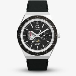 Timex x NASA Mens Q Space Black Leather Strap Watch TW2Y56800