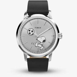 Timex x Peanuts Mens Marlin Snoopy Soccer Black Leather Strap Watch TW2Y53800