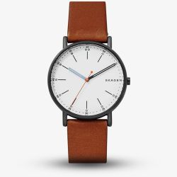 Skagen Mens Signatur Stainless Steel White Dial Brown Leather Strap Watch SKW6374