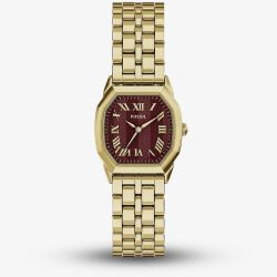 Fossil Ladies Harlow Red Octagon Dial Golden Bracelet Watch ES5511