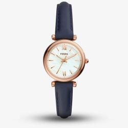 Fossil Ladies Carlie Rose Gold Plated Mother Of Pearl Dial Navy Blue Leather Strap Watch ES4502