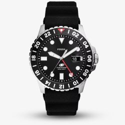  Fossil Blue Mens Black Sillicone GMT Watch FS6036