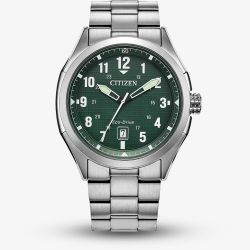 Citizen Mens Eco-Drive Terra Force Green Dial Stainless Steel Bracelet Watch AW1890-51X